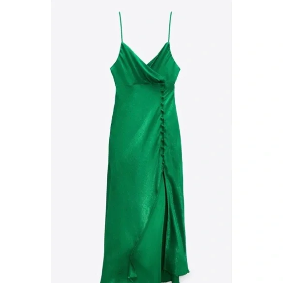 Zara Green Silk MIDI Dress With Slit NWT - Picture 3 of 7